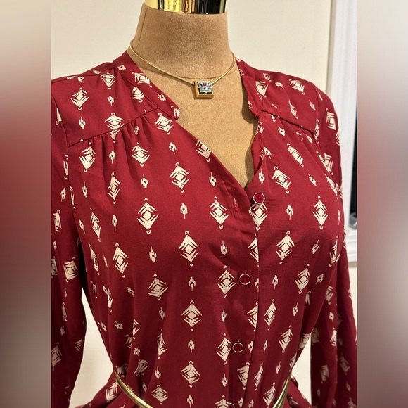 41 Hawthorn Red White Long Sleeves Button Down Geometric Design Shirt Dress Sz S - Picture 5 of 16